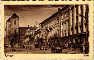 1943 Gyöngyös, Fő tér, Hungária étterem és söröző, templom, automobilok (EK)