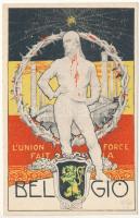 L&#039;union fait la force Belgio / Unity makes strength. WWI Belgian propaganda, coat of arms, flag . U. Palchetti