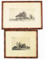 Boldizsár István (1897-1984), 2 db rézkarc: Nyári épületek és Kiskunsági tanya. Rézkarc, papír, mindkettő jelzett, Kiskunsági tanya lap szélén foltos, üvegezett fakeretben, 9,5x19 és 9,5x13 cm.
