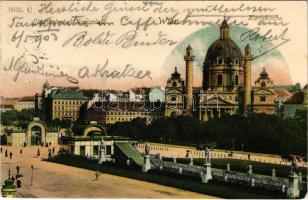 1903 Wien, Vienna, Bécs; Stadtbahnhof Karlsplatz, Karlskirche / railway station, church