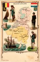 Belgien und Holland / Belgium and the Netherlands map, coat of arms, flags, soldiers, folklore, ship. Art Nouveau litho (felületi sérülés / surface damage)