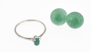 Ezüst(Ag) ékszerek aventurin ásvánnyal, fülbevalópár, gyűrű, jelzéssel és jelzés nélkül, méret: 59, ...