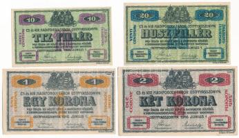Ostffyasszonyfa / Hadifogolytábor 1916. június 1. 10f + 20f + 1K + 2K, mind "MS" betűjellel, arab sorozat- és sorszámmal T:AU sarokhajlás, az egyiken saroksérülés Hungary / Ostffyasszonyfa / POW Camp 01.06.1916. 10 Heller + 20 Heller + 1 Krone + 2 Kronen all with "MS" initials and arabic serial numbers C:AU corner folds, small damage on one's corner Adamo HHO-2.1.2, HHO-2.2.2, HHO-2.3.2, HHO-2.4.2