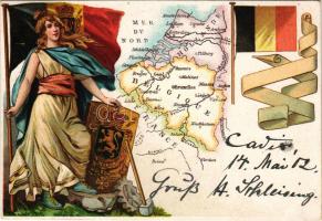 Belgium and the Netherlands map, Belgium coat of arm and flags. litho