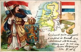 1902 The Netherlands and Belgium map, the Netherlands coat of arm and flags, ship. litho