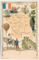 Frankreich / France map, soldier, ship, air balloon, grape vine, Arc de Triomphe. Art Nouveau, litho