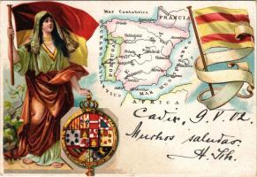 1902 Spanish map, coat of arms, flags, litho