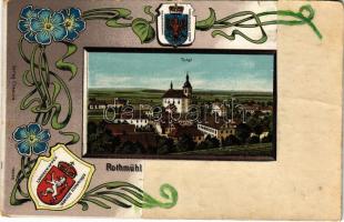 Radimer, Rothmühl; Total. Verlag Cheaure / general view, coats of arms. Art Nouveau, floral, litho (r)