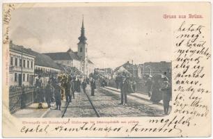 1899 (Vorläufer) Brno, Brünn; Wienergasse mit Barmherzigen Kloster von der Schwarzabrücke aus gesehen / steet view, church. Hermann Seibt (fl)