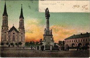 1903 Vinga, Piac tér, templom, Szentháromság szobor / square, church, monument