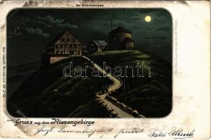 1899 (Vorläufer) Snezka, Sniezka, Schneekoppe (Krkonose, Riesengebirge, Karkonosze); Die Schneekoppe / mountain at night. Gebr. Metz Kunstverlags-Anstalt litho (EK)