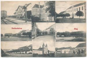 1907 Balázsfalva, Blasendorf, Blaj; vasútállomás vonattal, utcaképek, templom, Sinberger Salamon üzlete és saját kiadása / railway station, train, street, church, shop (fl)