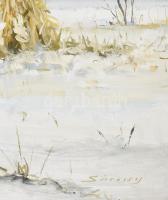 Sárossy jelzéssel: Tanya télen. Olaj, farost. Dekoratív, kissé sérült fakeretben. 47x50 cm