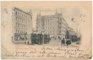 1899 (Vorläufer) Praha, Prag, Prague; Komenskyplatz / street view, tram, Karel Zajicek shop. L. J. (ázott / wet damage)