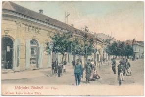 1910 Zilah, Zalau; Fő tér, Terge József üzlete. Molnár Lajos kiadása / main square, shops (fl)