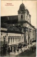 1940 Kolozsvár, Cluj; Piaristák temploma, Hermann Herman úri szabó, Somi Imréné, Schwartz József, Muntyán Péter üzlete, magyar zászló, útépítés / church, shops, Hungarian flag, road construction