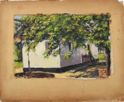 Fluck Béla (1889-?): Tanya napfényben, 1952. Olaj, karton. Jelzett. Paszpartuban.16,5x25 cm