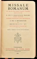 Missale Romanum. Turonibus, 1954, Sumptibus et Typis Mame. Latin nyelven. Kiadói aranyozott gerincű egészbőr-kötés, papír védőborítóban, aranyozott lapélekkel, tokban, kissé kopott, kissé szakadt borítóval. + Breviarium Romanum. Tomus Alter. Taurini [Torino], 1961, Marietti. Latin nyelven. Kiadói aranyozott egészbőr-kötés, kopott borítóval, foltos lapokkal, két szakadt lappal, laza fűzéssel.