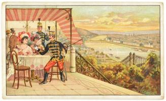 cca 1910 Dekoratív litografált látképes kártya Budapestről, huszárokkal, Franck reklám, jó állapotban