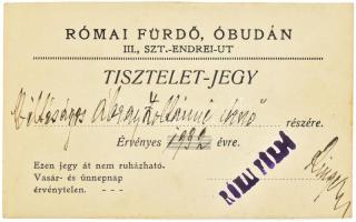 1932 Egész éves tiszteletjegy az óbudai római fürdőbe való belépésre, kitöltve, jó állapotban