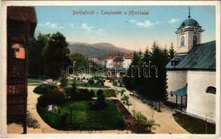 Bártfafürdő, Bardejovské Kúpele, Bardiov, Bardejov; Templom tér és Fő forrás. Eschwig és Hajts kiadása, Hajts Kornél felvétele / church, square, main spring