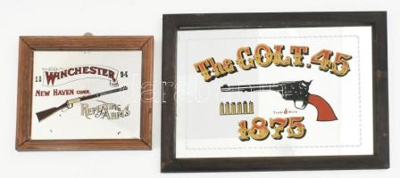 2 darab fegyvereket bemutató keretezett tükör kép, 15x16 cm és 21x27 cm
