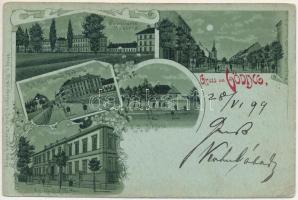 1899 (Vorläufer) Hodonín, Göding; Deutsche Reatschute, K. K. Haupttabak Fabrik, K. K. Schloss, Cavallerie Kaserne / main tobacco factory, castle, cavalry barracks, street view. With. Schütz Kunstanstalt No. 1256. Art Nouveau montage, floral, litho (EK)