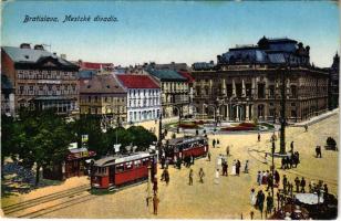 Pozsony, Pressburg, Bratislava; Mestské divadlo / Színház, villamosok / theatre, trams (ragasztónyom / glue mark)