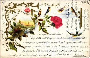 1903 Art Nouveau, floral, Emb. greeting card with swallows (szakadás / tear)