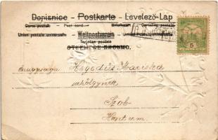 1903 Art Nouveau, floral, Emb. greeting card with swallows (szakadás / tear)