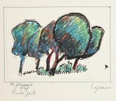 Ujváry Lajos (1925-2006): Balatonföldvár, parti fák, 1969. Kréta, tus, papír, jelzett. Papírra kasírozva. 12,5x18,5 cm