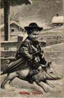 1910 Boldog Újévet! / New Year greeting art postcard, boy riding a pig (EK)