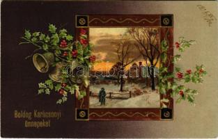 1908 Boldog karácsonyi ünnepeket / Christmas greeting art postcard. Art Nouveau, Emb. floral litho (EK)