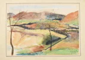 Ujváry Lajos (1925-2006): Őszi táj, 1954. Akvarell, papír, jelzett. Papírra kasírozva. 21x29,5 cm
