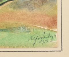 Ujváry Lajos (1925-2006): Őszi táj, 1954. Akvarell, papír, jelzett. Papírra kasírozva. 21x29,5 cm