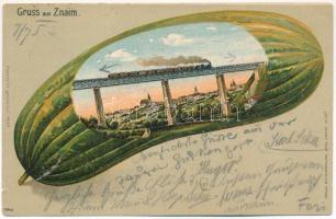 Znojmo, Znaim; railway bridge, train, locomotive. Verlag Buchhandlung Loos No. 257. Art Nouveau, litho frame with pumpkin (fa)