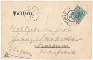 Znojmo, Znaim; railway bridge, train, locomotive. Verlag Buchhandlung Loos No. 257. Art Nouveau, lit...