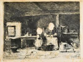 Munkácsy Mihály (1844-1900): Konyhában c. egyetlen rézkarcával, papír, jelzett a karcon, foxing foltos, 20×28 cm. In: Malonyay Dezső: Munkácsy Mihály élete és munkái. Bp., 1898, Singer és Wolfner, (Hornyánszky-ny.), 8+235+1+8 p.+24 t. Első kiadás. Szövegközti és egészoldalas képekkel gazdagon illusztrálva. Aranyozott zöld egészvászon-kötés, javított kötéssel, két lap (3/4,5/6) sérült hiányos, pár lap kijár, a rézkarc foxing foltos.