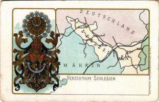 Rakouské Slezsko, Österreichisch Schlesien, Herzogthum Schlesien; Austrian Silesia map, coat of arms. litho (kopott sarkak / worn corners)