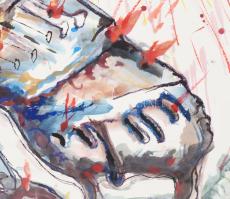 Sinkó István (1951-): Lávazongora tűzesőben, 1999. Vegyes technika, papír, jelezve jobbra lent, háto...