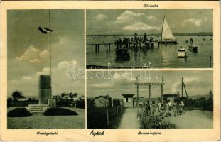 Agárd (Gárdony), Országzászló, Tó részlet, fürdőzők, strand bejárat (ragasztónyom / glue marks)