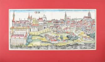 Hartmann Schedel: Buda látképe, 1493. (Buda első ábrázolása) Hartmann Schedel (1440-1510) Buda látképe, 1493 Színezett fametszet Buda színezett fametszetű látképe keleti irányból felvéve, két levélre nyomtatva. Paszpartuban. 240 × 530 mm