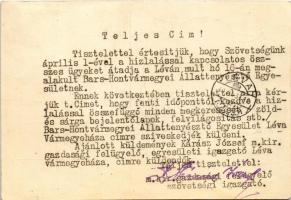 1940 Alföldi szarvasmarha tenyésztő egyesületek szövetségétől. Budapest, Baross utca 59. (EK)