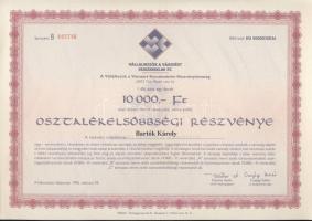 1996. "Vállalkozók a Városért Kereskedelmi Rt." részvénye 10.000Ft-ról (6x) kétszer egymásutáni sorszámokkal, szelvényekkel