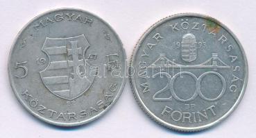1947. 5Ft "Kossuth" Ag + 1993. 200Ft Ag "MNB" T:F,XF patina, ph. Adamo F8.1, F13