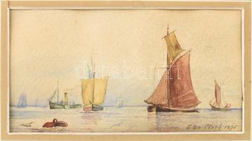 Elsa Plach (1863 bis 1953): Vitorlások, 1896. Akvarell, papír. jelezve jobbra lent. Üvegezett fakeretben. 9x17 cm / Elsa Plach (1863 bis 1953), German painter: Ships, 1896. Watercolour on paper. Signed loewr right. Framed. 9x17 cm