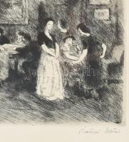 Szőnyi István (1894-1956): Társaság. Rézkarc, papír, jelzett. Üvegezett, kissé sérült fakeretben. 22...