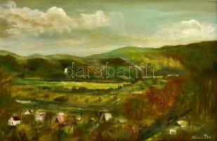 Koncz Eta (?-2016): Kilátás a dombról. Olaj, farost, jelzett, keretben, 37×56 cm