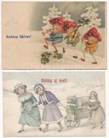 12 db RÉGI főleg újévi és karácsonyi üdvözlő képeslap vegyes minőségben / 12 pre-1945 mostly New Year and Christmas greeting postcards in mixed quality