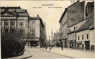 Budapest I. Budai fő utca a Corvin térnél, Budai Vigadó, könyvnyomda, drogéria, üzletek